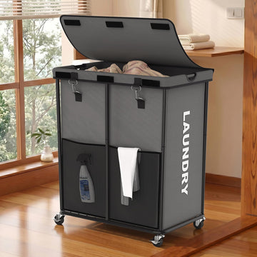 Hamper with Wheels and Lid, 225L Large Rolling Laundry Basket Gray