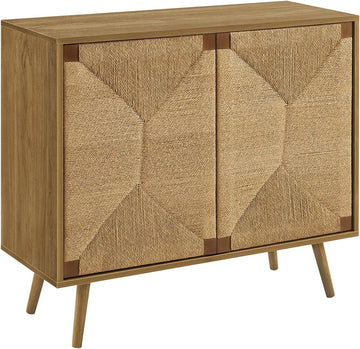 I 2729 Accent Chest, 36" Wide, 2 Door Cabinet, Storage, Decorative, Light Walnut Laminate, Seagrass-Look, Mid Century