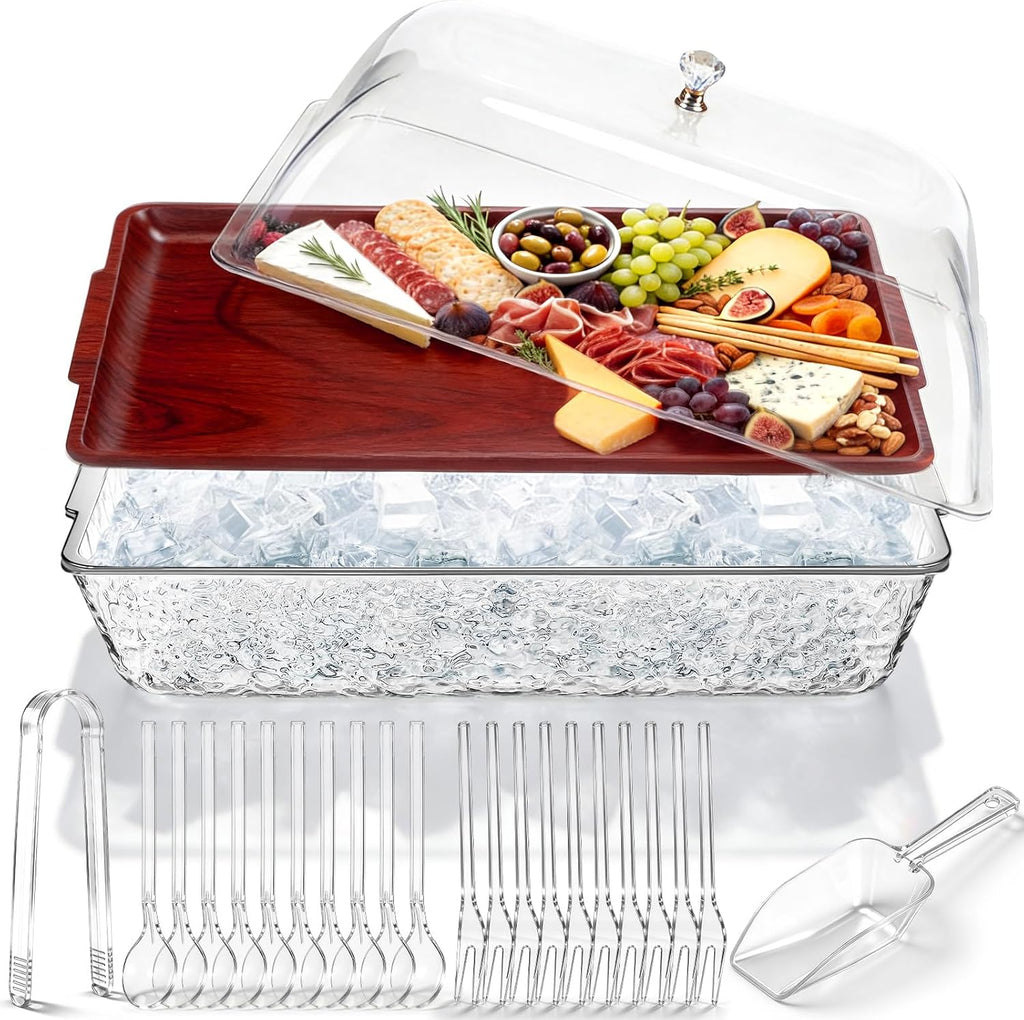 16" x 9" Chilled Serving Tray for Parties with lids Compartments Ice Chilled Party Platter Charcuterie Serving Board