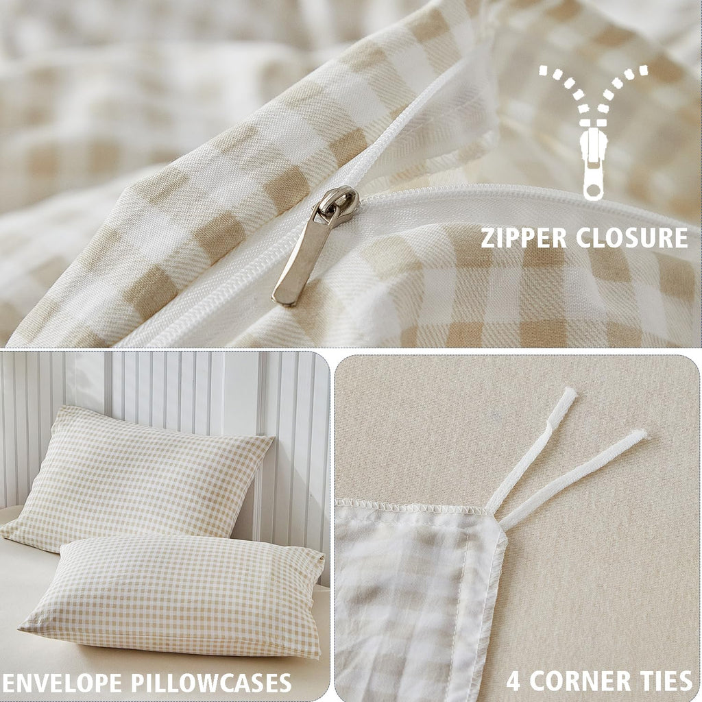 Gingham King Duvet Cover Set, Brown Tan Plaid Checkered Washed Microfiber Comforter Cover Set, 3 Pieces Soft