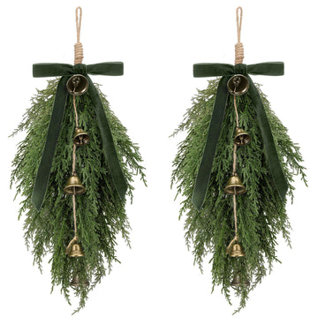 2 Pack Christmas Cedar Teardrop Swag Velvet Bow Bells, Green