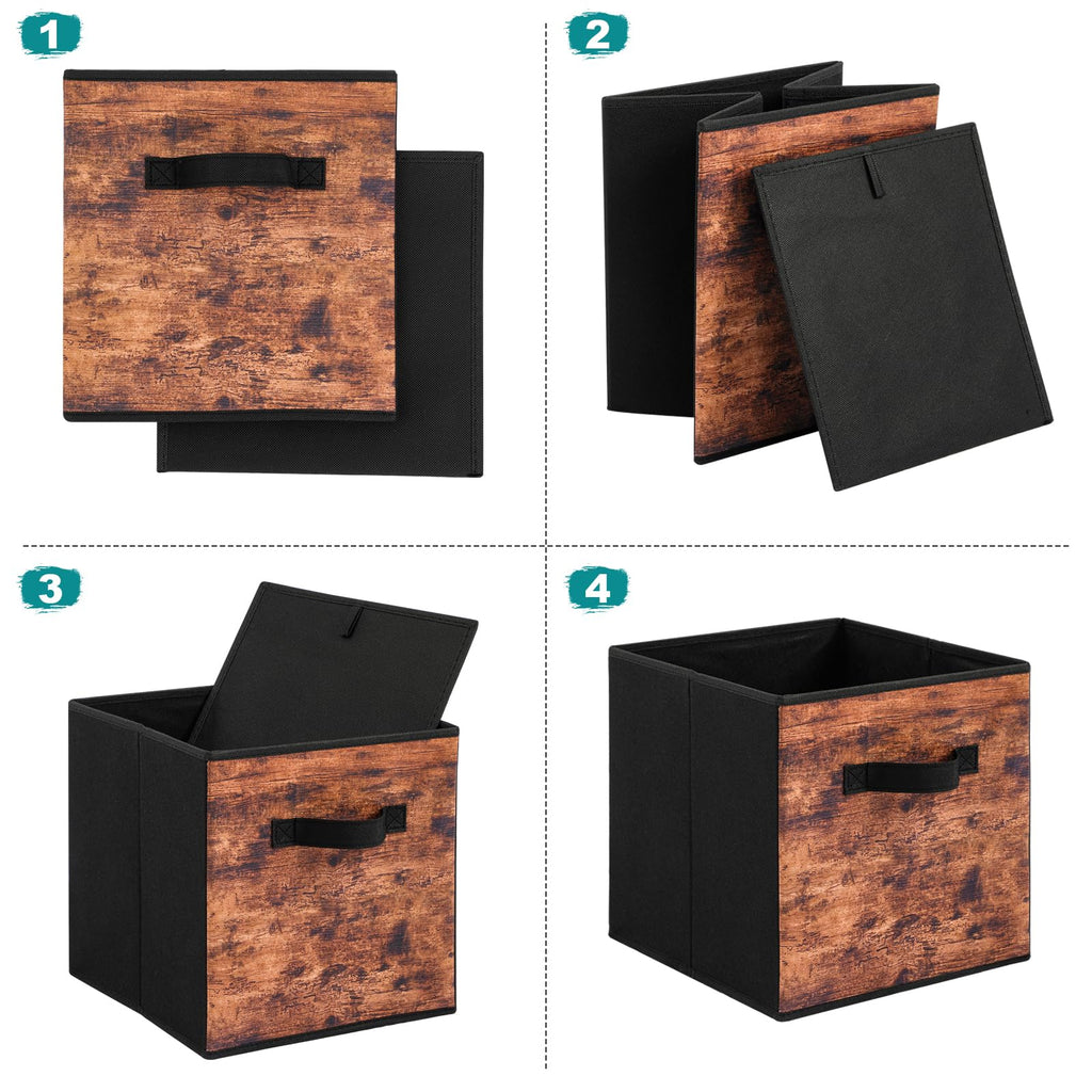 Fabric Storage Cubes, 6 Pack Foldable Storage Bins with Handle, 11 Inch Box for Shelves, Closet, Organizer, Rustic