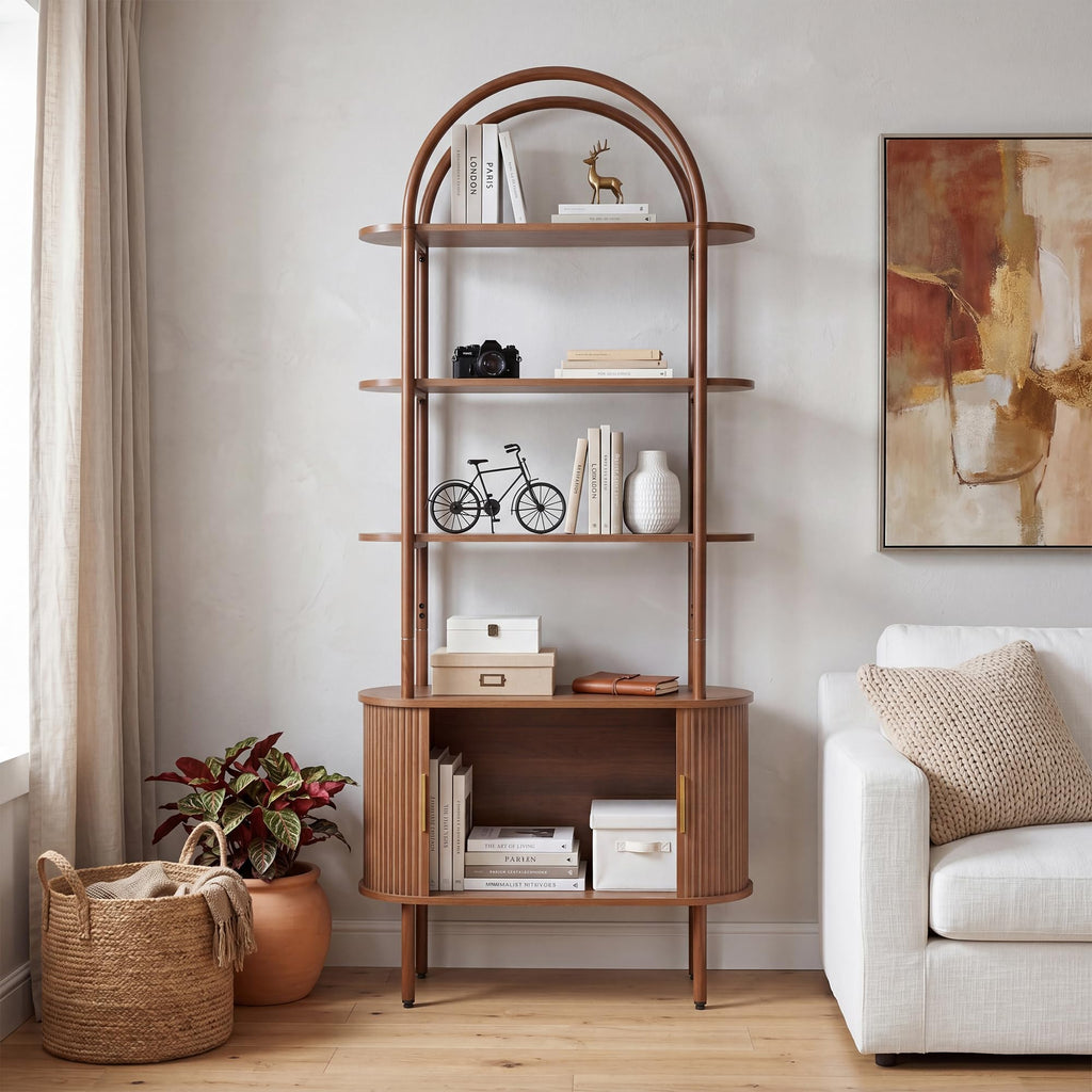 71" Tall Arched Bookshelf, Mid Century Modern Bookcase