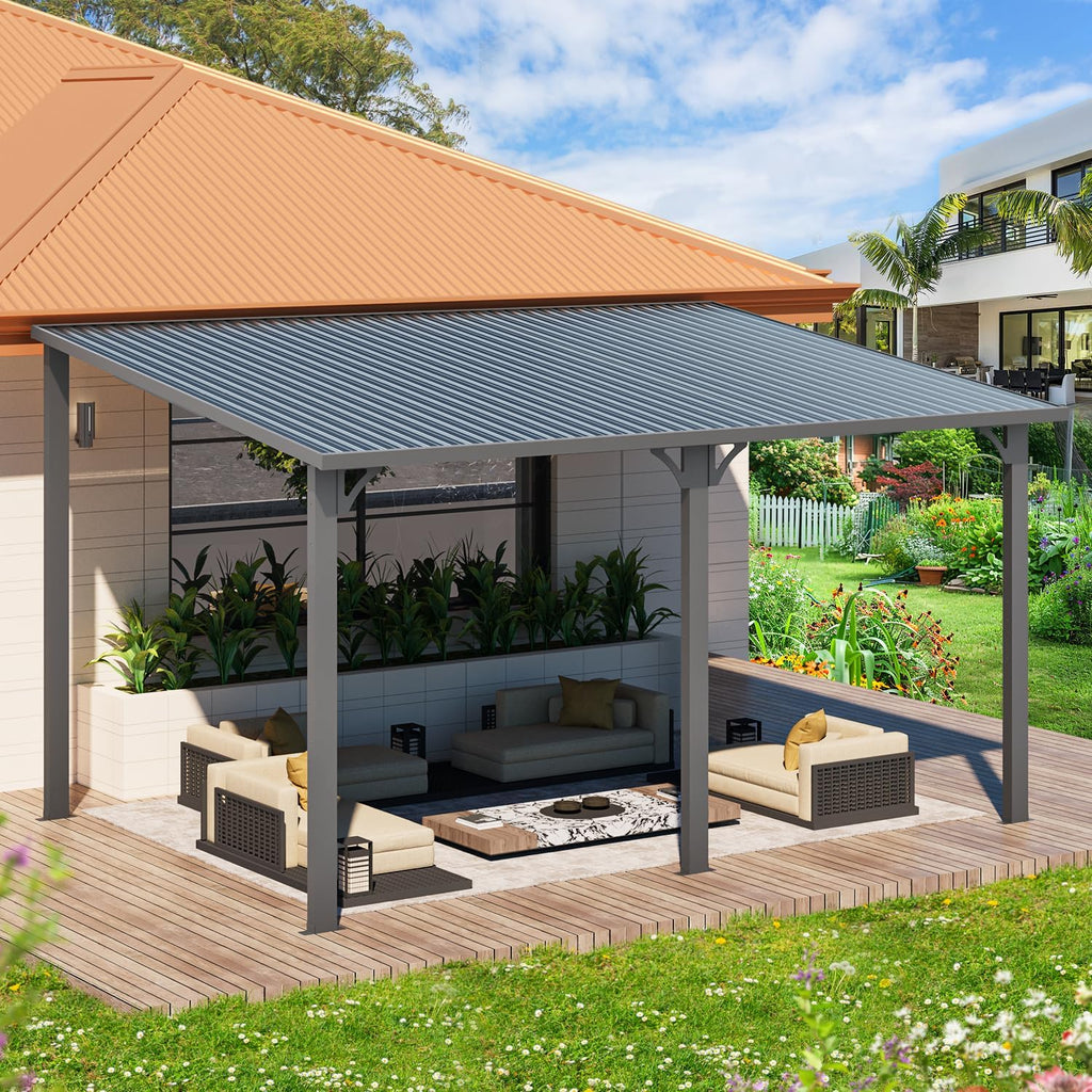 14' x 10' Outdoor Hardtop Gazebo Pergola for Patio, 10x14 Large Galvanized Steel Heavy Duty Lean to Wall-Mounted Pergolas and Gazebos Clearance, Metal Patio Roof Awnings for Backyard, Decks