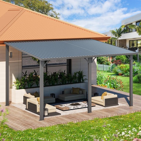 14' x 10' Outdoor Hardtop Gazebo Pergola for Patio, 10x14 Large Galvanized Steel Heavy Duty Lean to Wall-Mounted Pergolas and Gazebos Clearance, Metal Patio Roof Awnings for Backyard, Decks