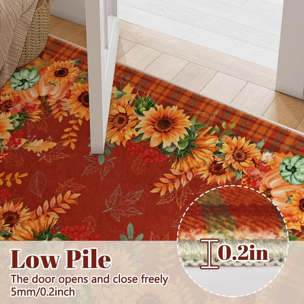 Fall Area Rug Sunflower Living Room Rug Pumpkin Plaid Washable Rugs Orange Bedroom Rugs Non Slip Soft Faux Wool