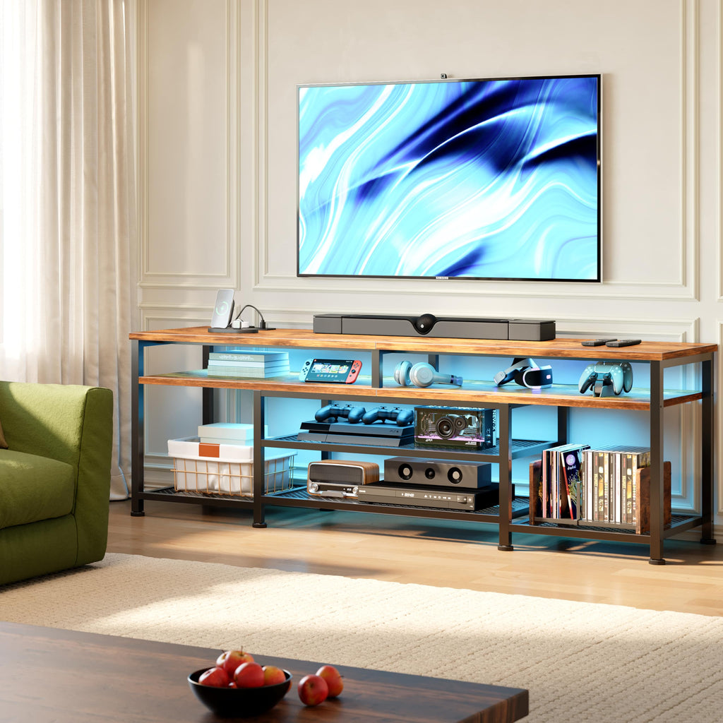 71 Inch TV Stand with Power Outlets & LED Lights, Rustic Brown