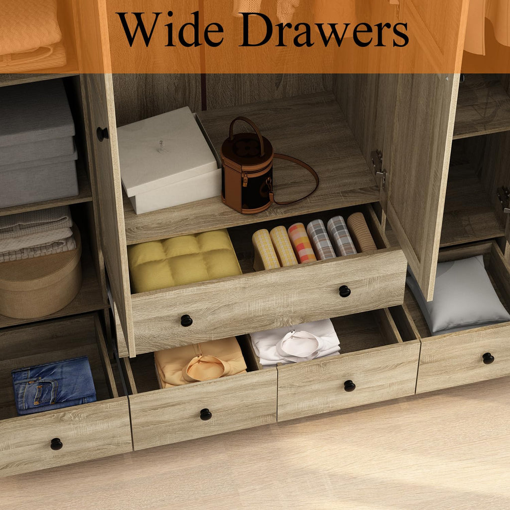 Rattan Armoire Wardrobe Closet with 7 Shelves, 5 Drawers & Hanging Bars, 59" L Wooden Wardrobe Clothes Storage