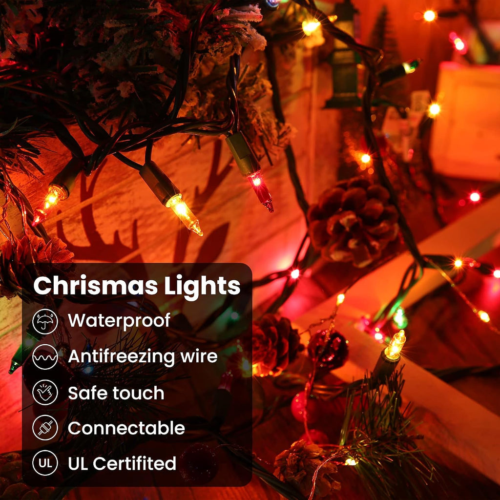 Multicolor Christmas Lights Green Wire, 49.2ft 150 Count Mini Incandescent Bulb String Lights with UL Certified