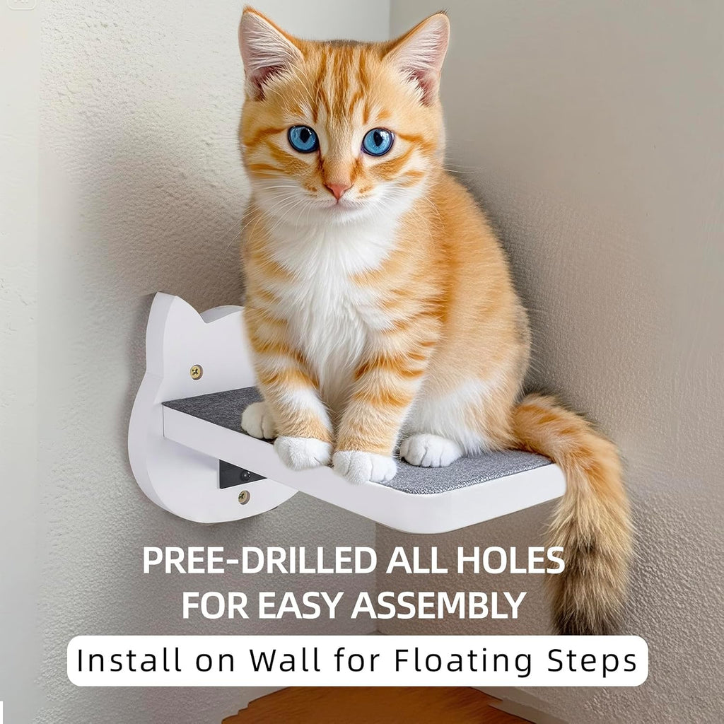 White Painted Wooden Cat Wall Floating Steps Set of 3