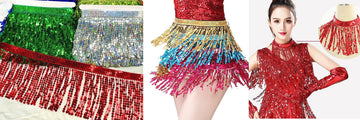 Sequins Fringe Trim, Sequin Tassels Sewing Trim for DIY Craft Latin Dress Clothing Embellishment (Black, 11.8 Inch x