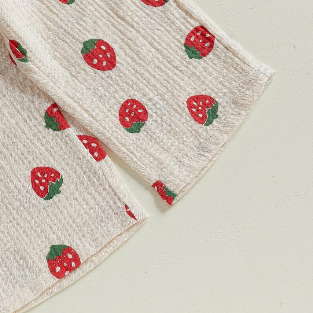 Toddler Baby Girl Strawberry Outfit Cotton Linen Sleeveless Ruffle Crop Tops Pants Set 2Pcs Cute Summer Clothes
