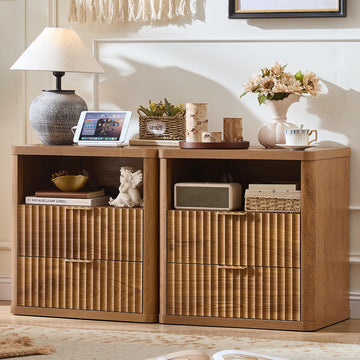 Fluted Farmhouse Nightstand Set of 2 with Charging Station, 23" Wide 2 Drawers End Table, Brown Dresser, Bed Side