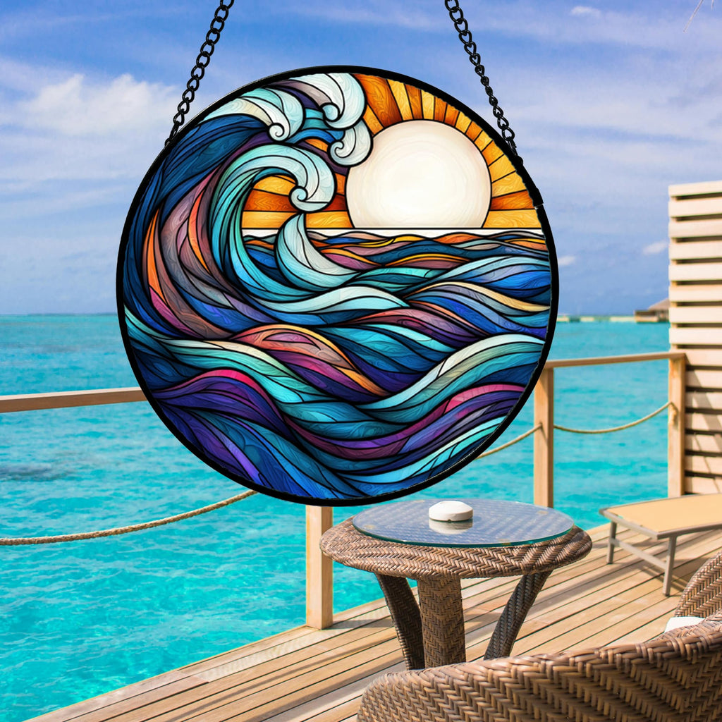 Sunset Ocean Waves Stained Glass Window Hanging Suncatcher Gifts 15"