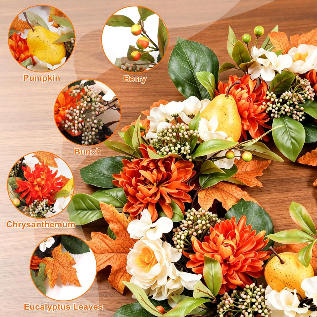 26" Fall Wreath for Front Door, Artificial Large Harvest Fall Wreath | with Pear, Orange Maple Leaf, Dahlia and White