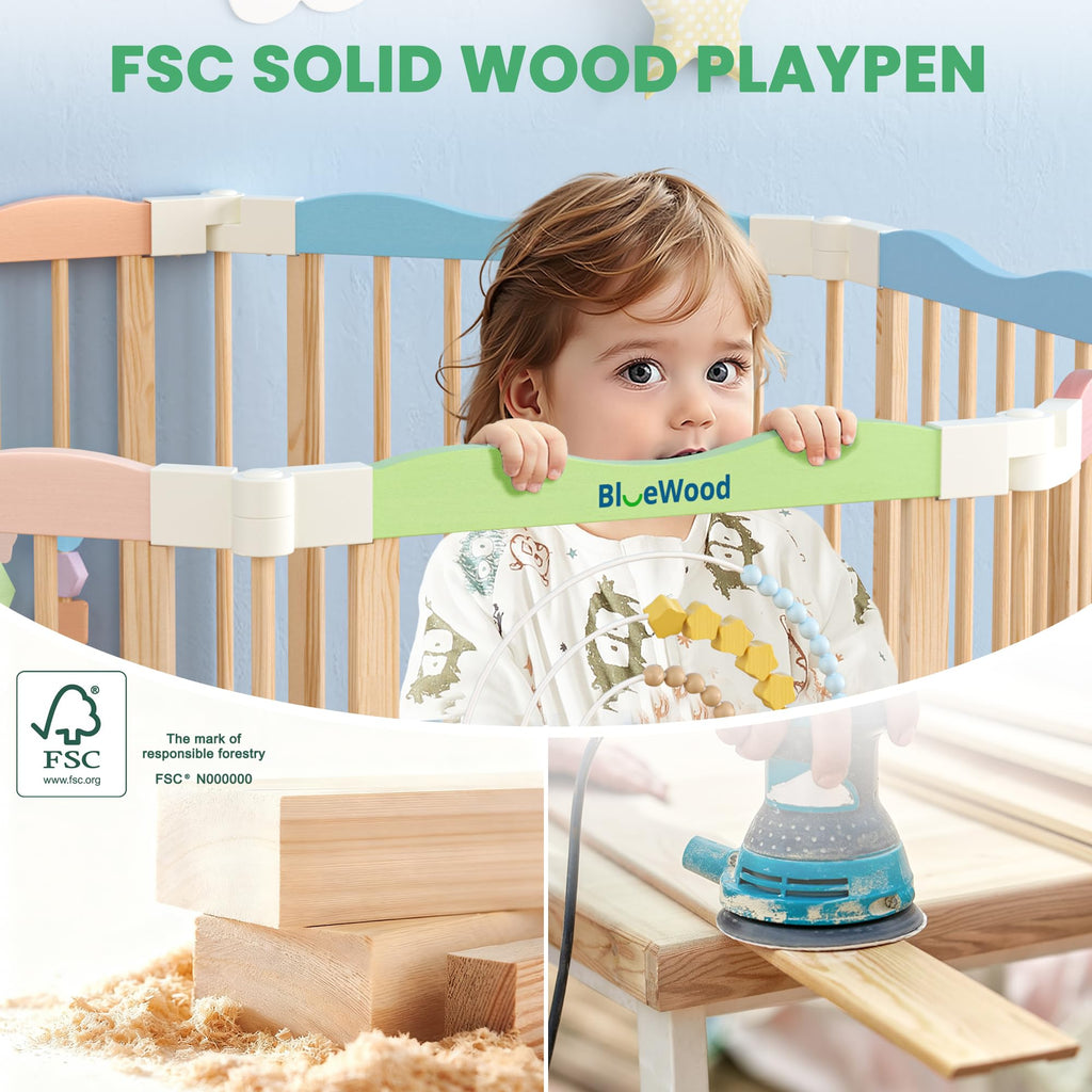 Foldable Wooden Baby Playpen, 45 x 45 x 24 inches, Pastel Dream, Rainbow