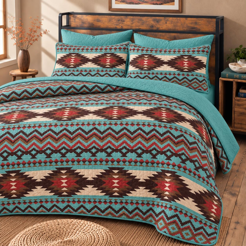 Rustic Southwestern Quilt Stitched Western Bedspread Bedding Set with Tribal Native American Patterns - Utah
