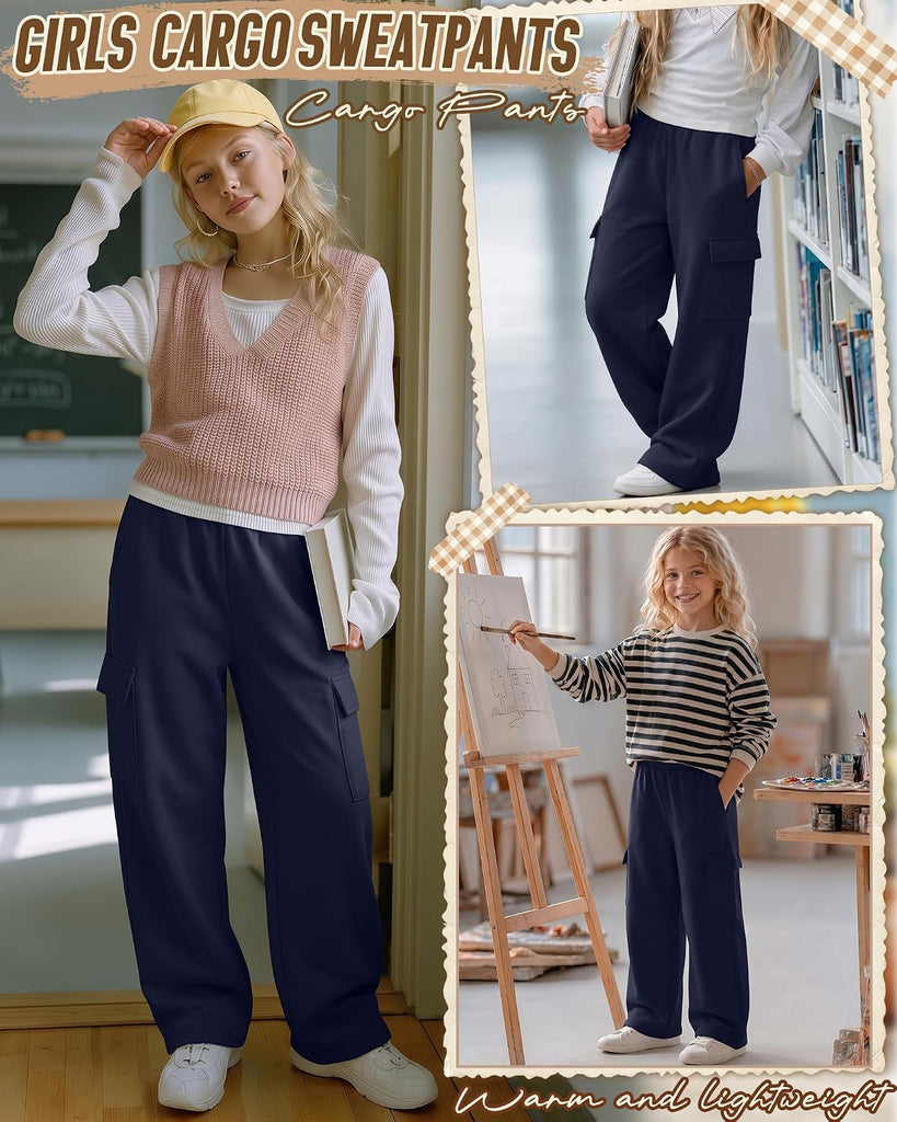 Girls' Uniform Pants Wide Leg Cargo Sweatpants
