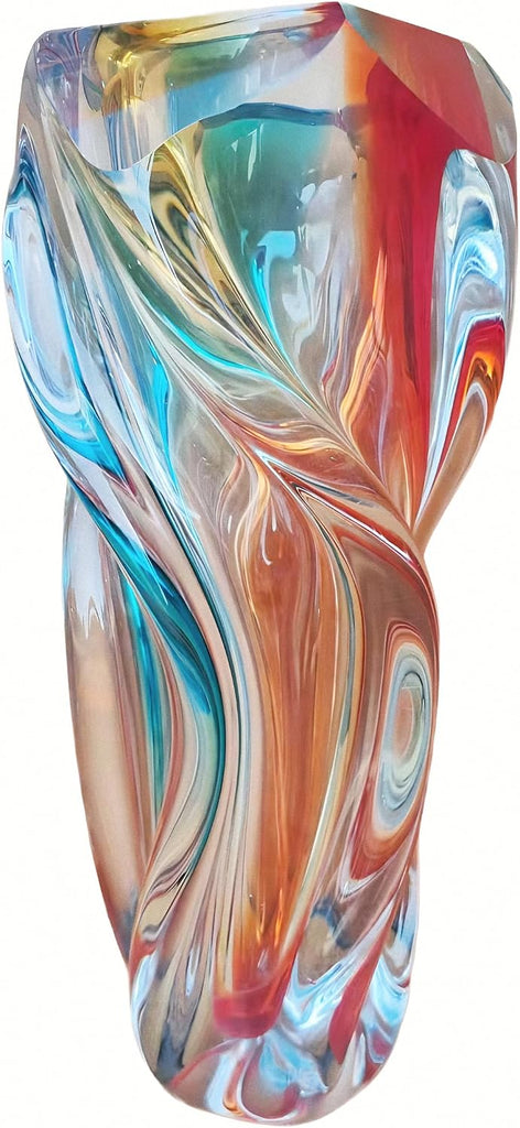 Hand Blown Twisted Multicolor Art Glass Vase, 12" Tall Luxury Swirl Crystal Vase, Decorative Centerpiece , Dining
