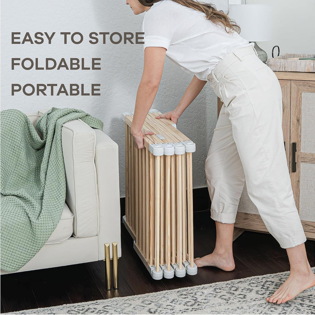 Baby Gate Playpen 57x57x25in - Foldable Playpen Light Wood White | Extends Up to 228", Natural Pine Wood Baby Fence