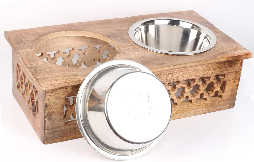 Wooden Elevated Pet Feeder Station with 2 Stainless Steel Bowls | Raised Dog & Cat Feeding Stand | Food & Water Bowl