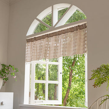 Boho Valance Kitchen Short Curtain with Tassel, Textured Striped Drape Tier Embroidered Shabby Chic Linen Coffee