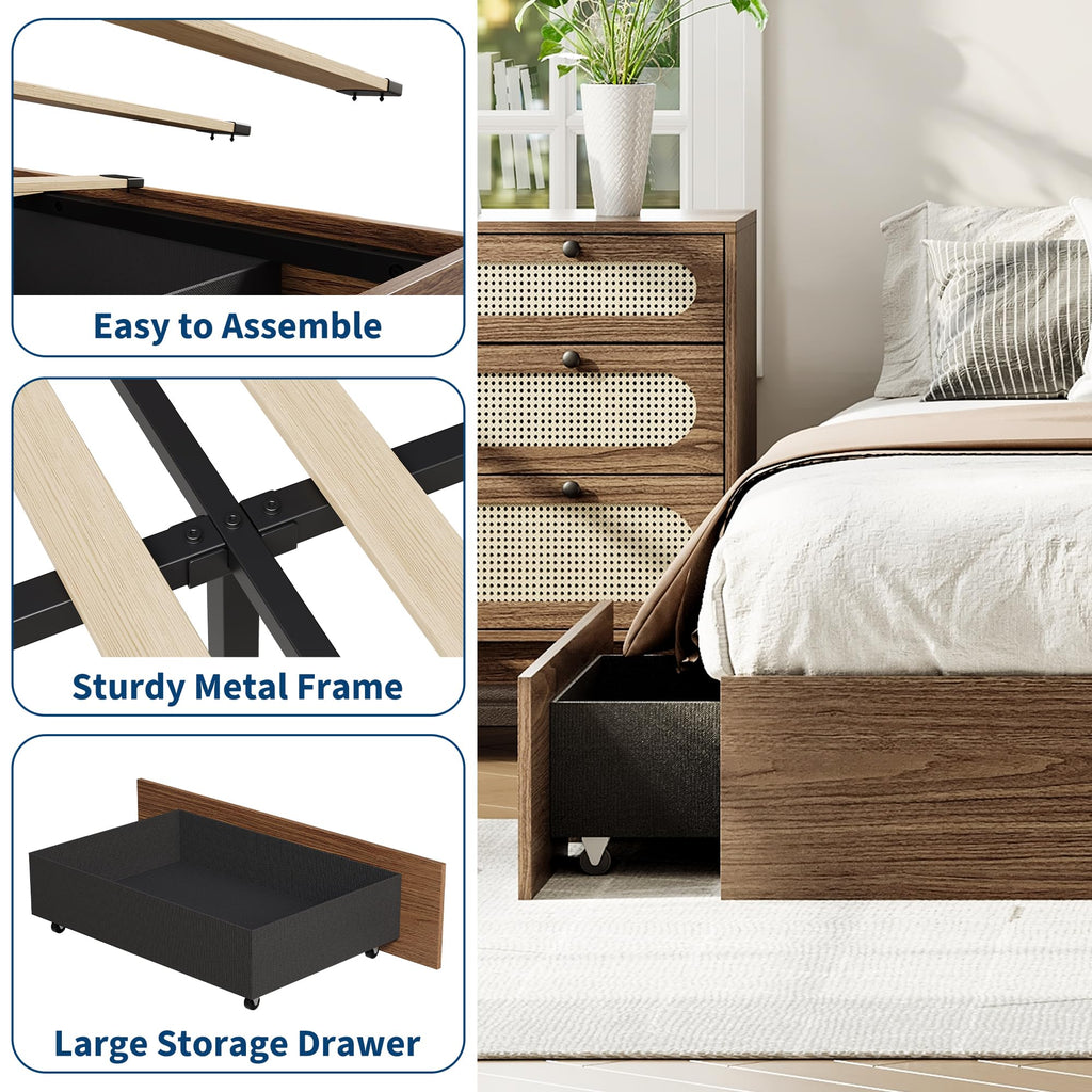 Wood Platform Bed Frame, King Bed Frame with 2 Drawers