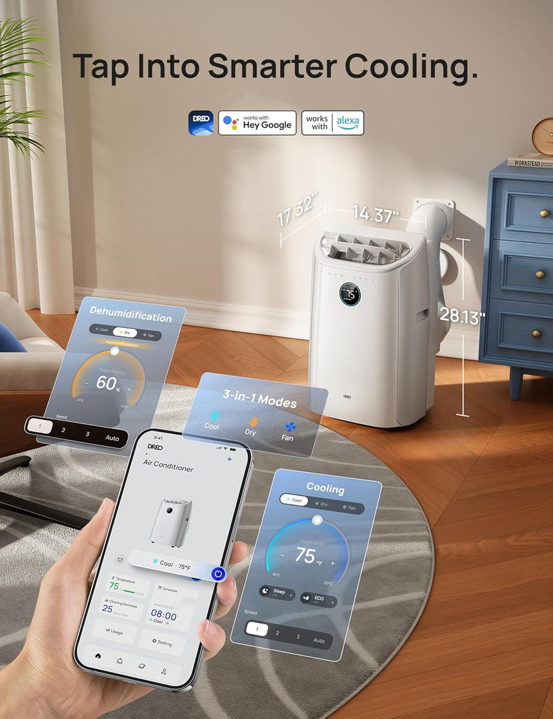 Portable Air Conditioner 515S, 12000 BTU ASHRAE (8000 BTU DOE) Smart AC Unitwith Drainage-free Cooling