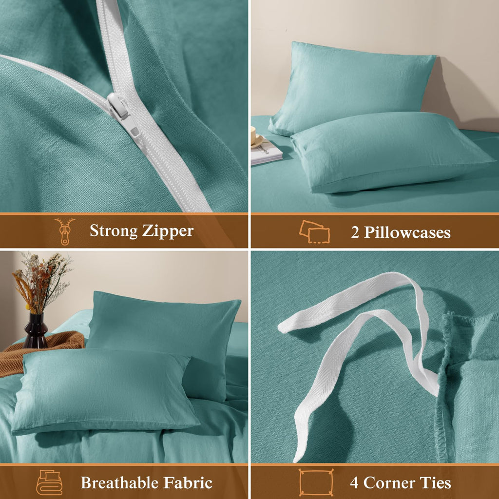 100% France Linen Duvet Cover Set 3 Pcs Natural Flax Duvet Cover Set 2 Pillowcase 1 Duvet Cover with Zipper (Aqua
