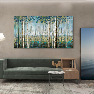 Large Framed Birch Tree Canvas Wall Art Nature Painting Decor | Teal Artwork, and Office Pictures 24×48IN