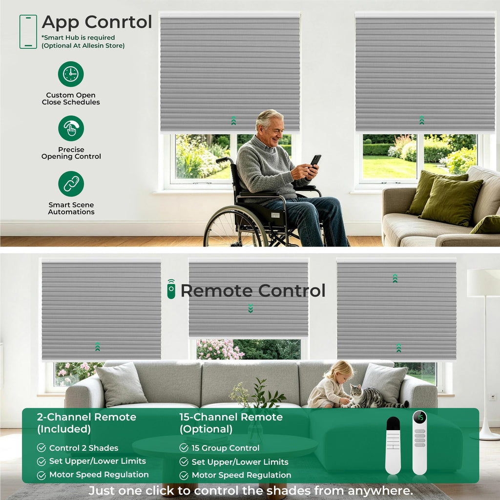 Motorized Cellular Shades No Drill with Remote, Gray