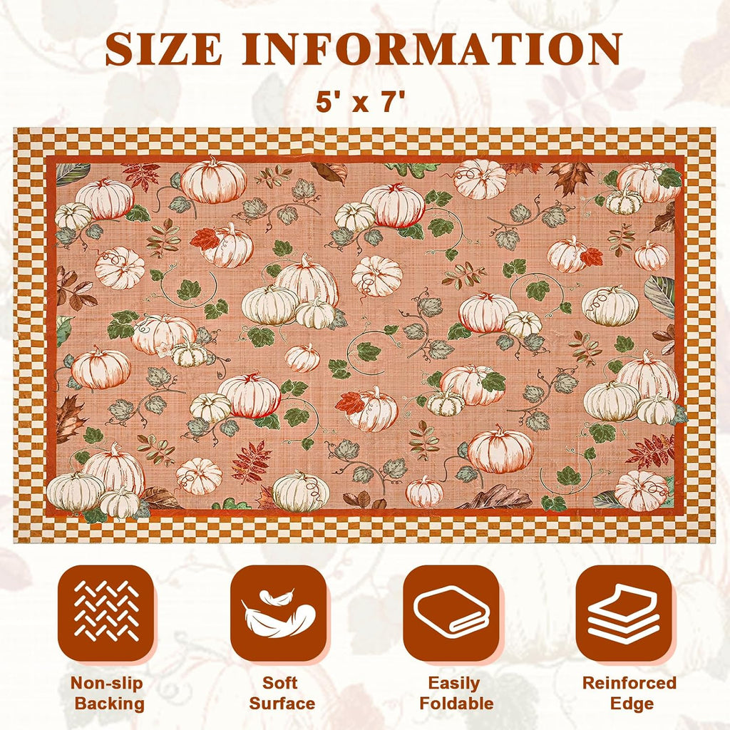 Fall Area Rugs Rug, Thanksgiving-Washable-Rugs-Non Slip Pumpk Rug Low Pile Floor Carpet with Checkered Edge