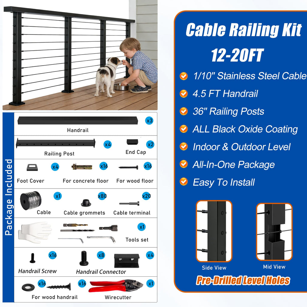 12-20 FT Black Cable Railing Post Kit with Handrail, 4 Pack 36" Level Posts