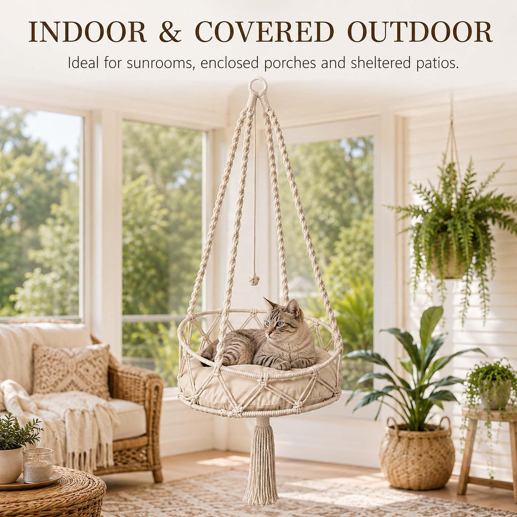 Boho Hanging Cat Bed, Macrame Cat Hammock with Removable Plush Cushion.