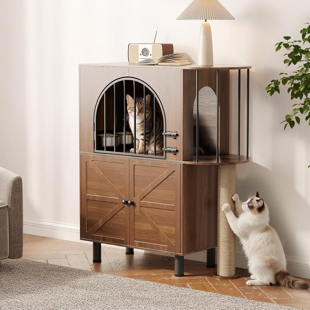 Dog Proof Cat Feeding Station with Scratching Post, Elevated Bowls (Walnut)