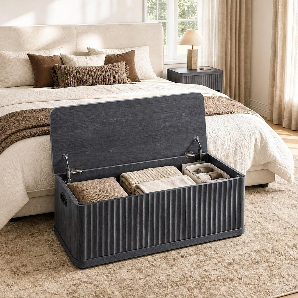 Storage Bench 80.4" Wide Shoe Bench with Lift Top Large Wooden Storage Chest Trunk Modern Blanket Chest with 4 Safety
