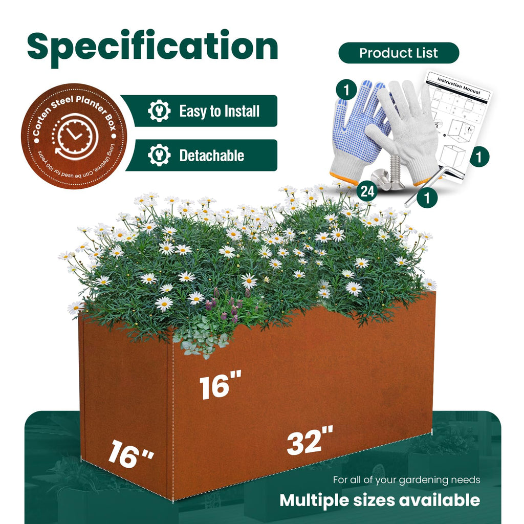Corten Steel Planter Box 32" L x 16" W x 16" H, Rectangular