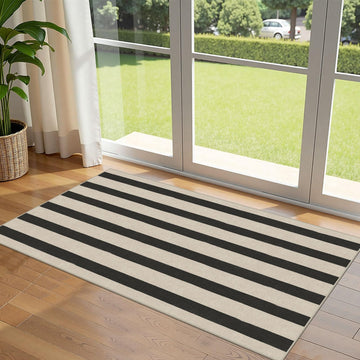 Front Door Mat Indoor Entrance - 2x4.3 Ft Black White Striped Rug