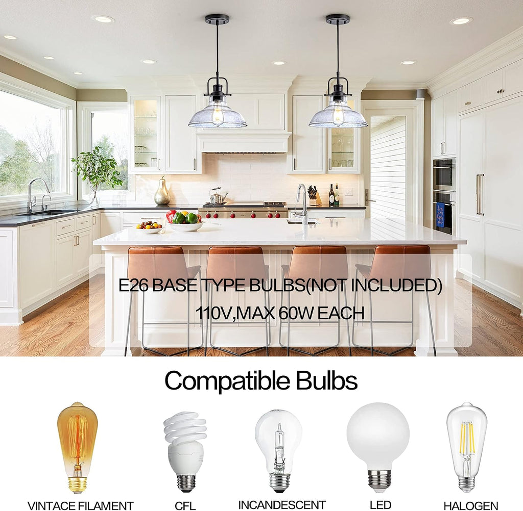 Glass Pendant Light，Black Pendant Light Fixtures with Seeded Glass Shade, Adjustable Height Hanging Lights for