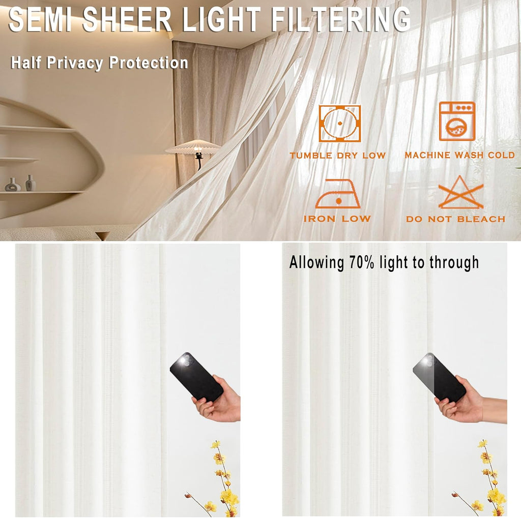 Boho 2 Panels Semi Sheer Pinch Pleated Curtains,Linen Blended 95 Inches Long Window Treatments,Light Filtering Pinch