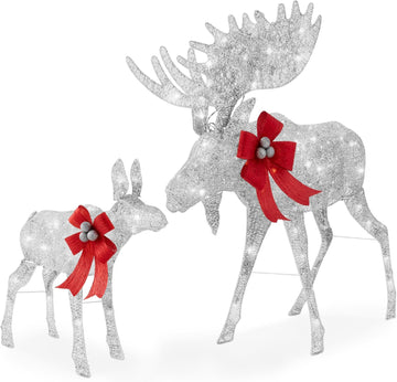 2-Piece Moose Family, Lighted Outdoor All-Weather Christmas Yard Decoration Light-Up Décor Set w/ 170 LED Lights