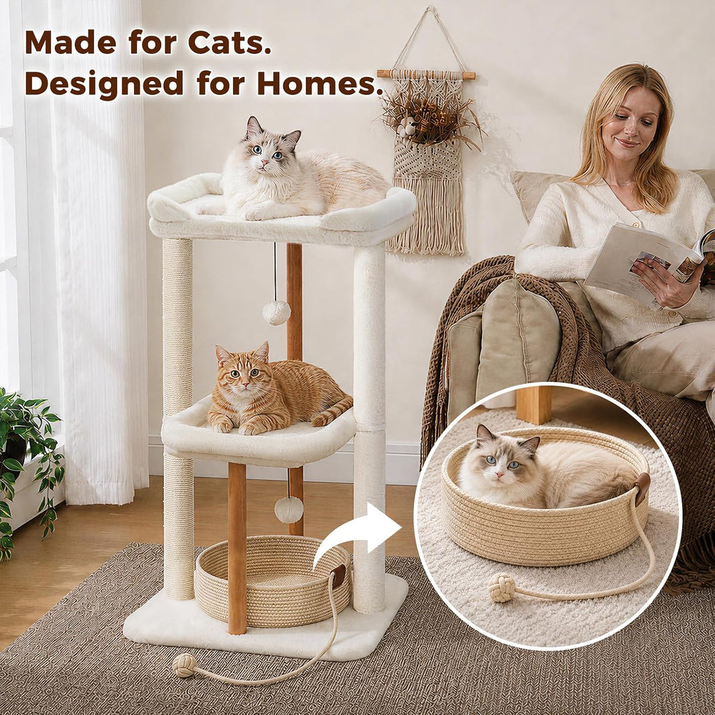 Modern Cat Tree Removable Woven Bed, Wood Cat Tower for Indoor Cat