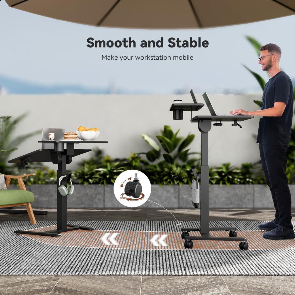 28" Mobile Standing Desk, Tiltable Top with 2-Tier Shelves, Black