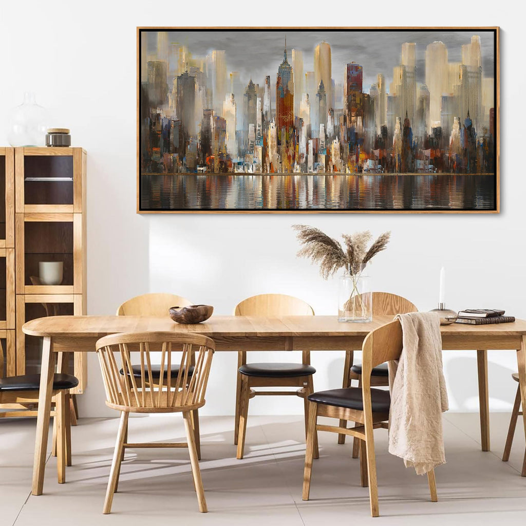 Abstract Modern Canvas Wall Cityscape New York Wall Decor City Theme Paintings Brown Framed Pictures Office Artwork
