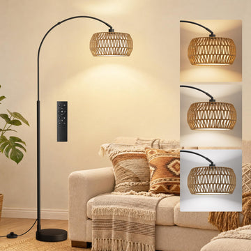 Boho Arc Floor Lamp, Color Temperatures and Brightness Adjustable