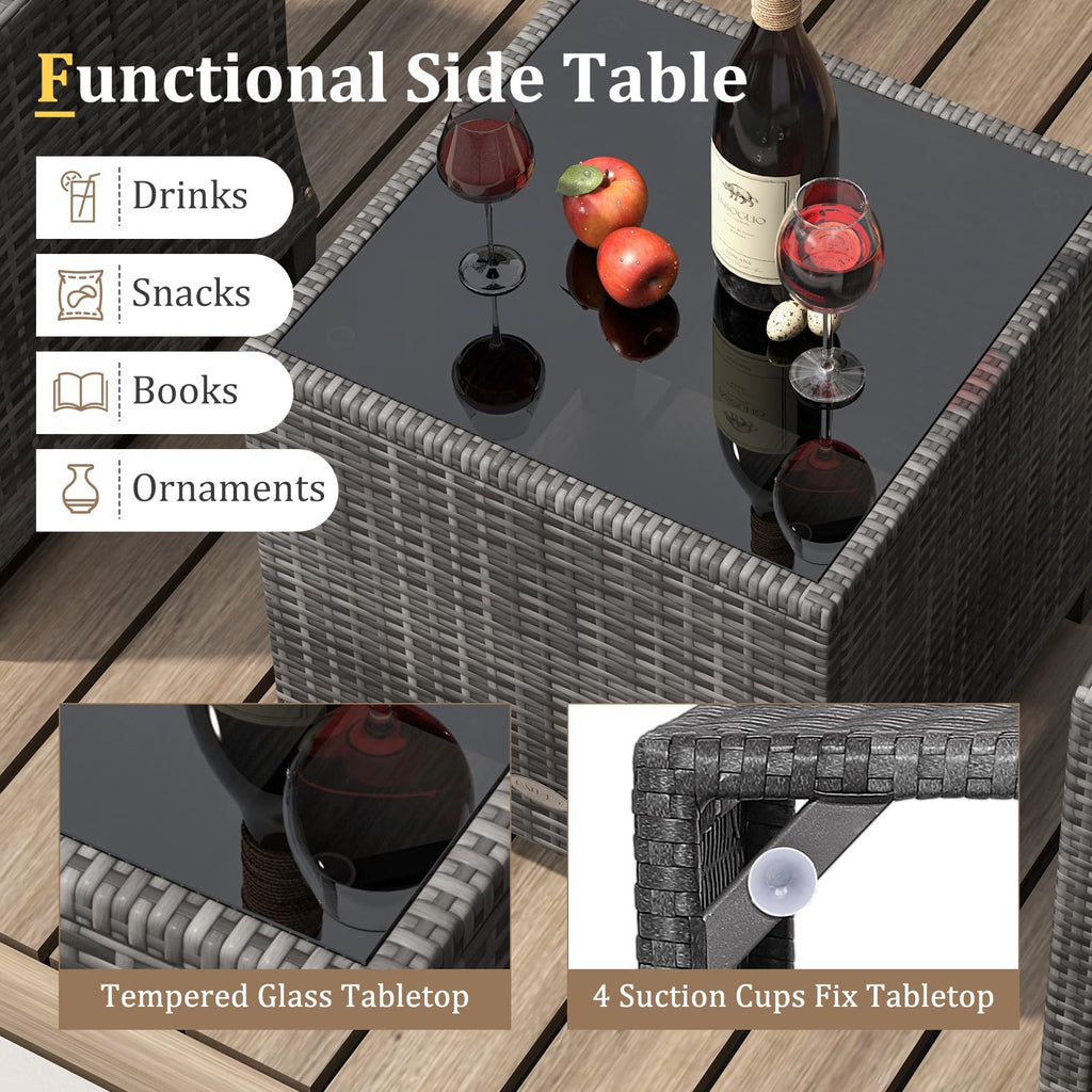 3 Piece Patio Furniture Set, Outdoor PE Rattan Conversation Set with Washable Cushions & Tempered Glass Tabletop