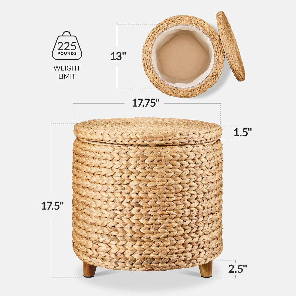 17" Round Storage Ottoman W/Lid, Handwoven Water Hyacinth Footstool, Footrest w/Wooden Legs, Accent Side Table