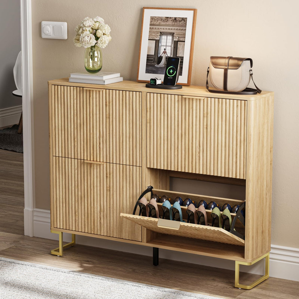 Fluted Shoe Cabinet Storage with 4 Flip Drawers, Adjustable 2-Tier Shelf