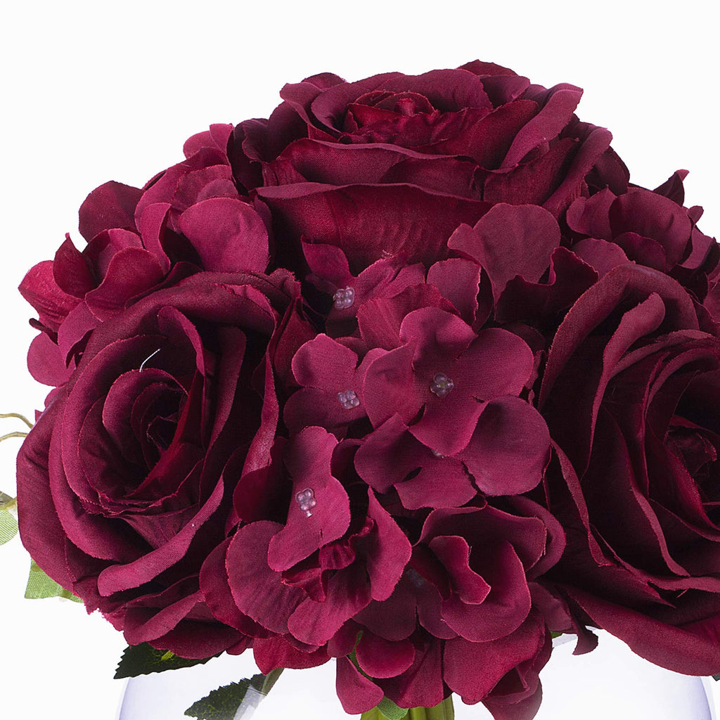 Mixed Silk Blooming Hydrangea and Rose Flower Arrangement in Clear Glass Vase with Faux Water Wedding Decoration