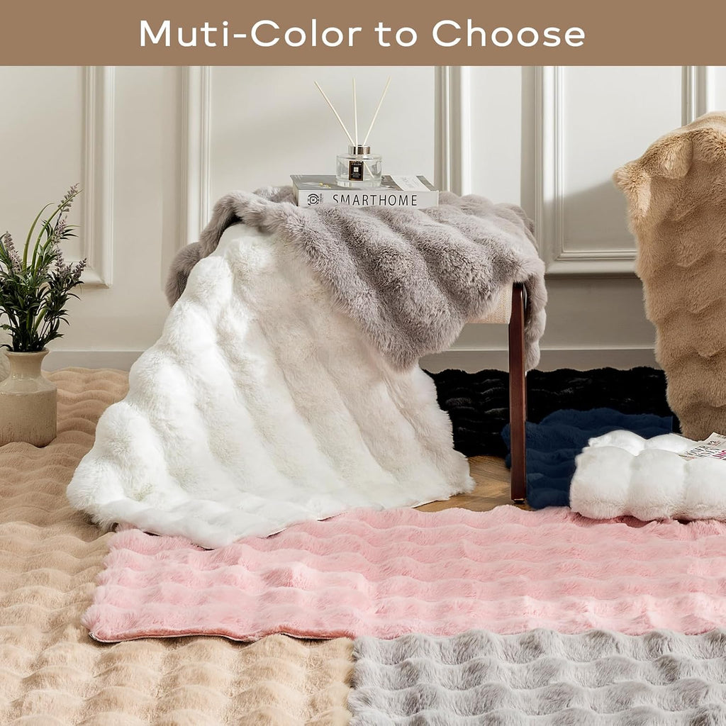 Faux Rabbit Fur Rug, White Fluffy Soft Runner Area Rugs, Rectangle Fuzzy Carpet, Machine Washable - 3D Bubble